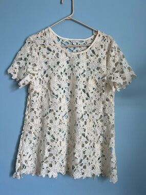 Women's Cream Floral Crochet Lace Short Sleeve Tunic